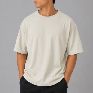 Men's Premium Terry Cotton Oversized T-Shirt | Crew Neck Half Sleeve Casual Tee | Off White
