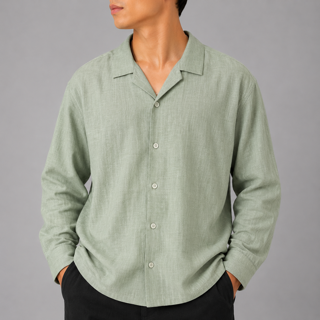 Men's Premium Linen Blend Casual Shirt – Sage Green | Lightweight Long Sleeve Summer Shirt - Image 2
