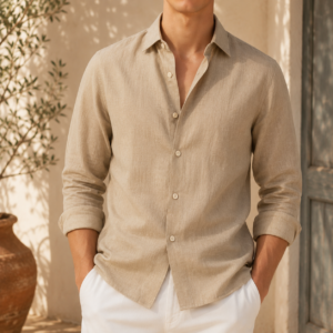 Men's Beige Casual Linen Long Sleeve Shirt
