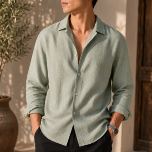 Men's Premium Linen Blend Casual Shirt – Sage Green | Lightweight Long Sleeve Summer Shirt