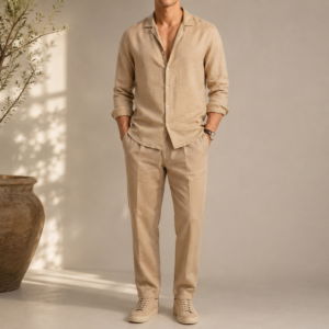 Men's Premium Linen Co-Ord Set | Casual Long Sleeve Shirt & Straight Fit Trouser | Beige