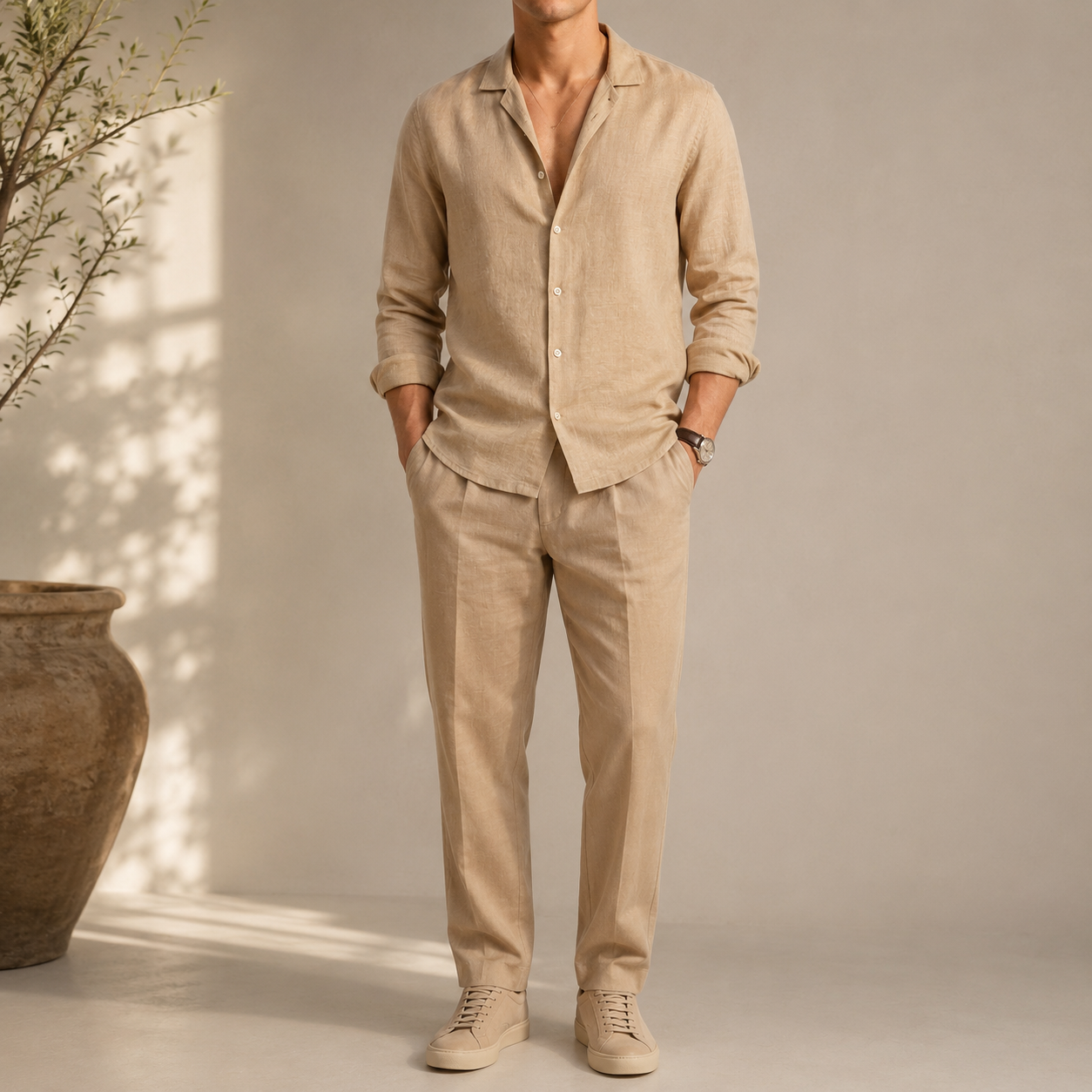 Men's Premium Linen Co-Ord Set | Casual Long Sleeve Shirt & Straight Fit Trouser | Beige