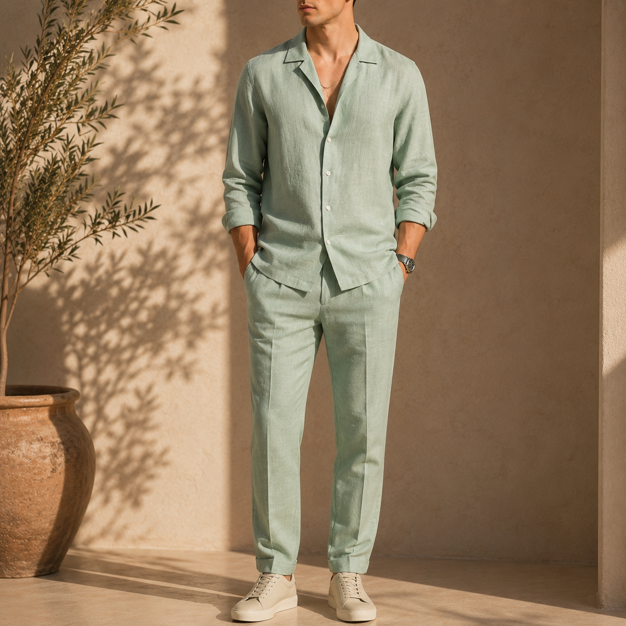 Men's Mint Green Linen Co-Ord Set – Breathable Shirt & Trouser Two-Piece