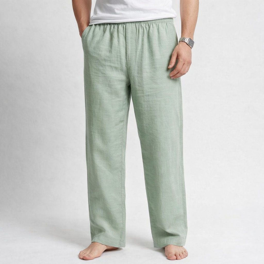 Men's Premium Linen Blend Lounge Trouser | Elastic Waist Casual Straight Fit Pants | Sage Green - Image 2