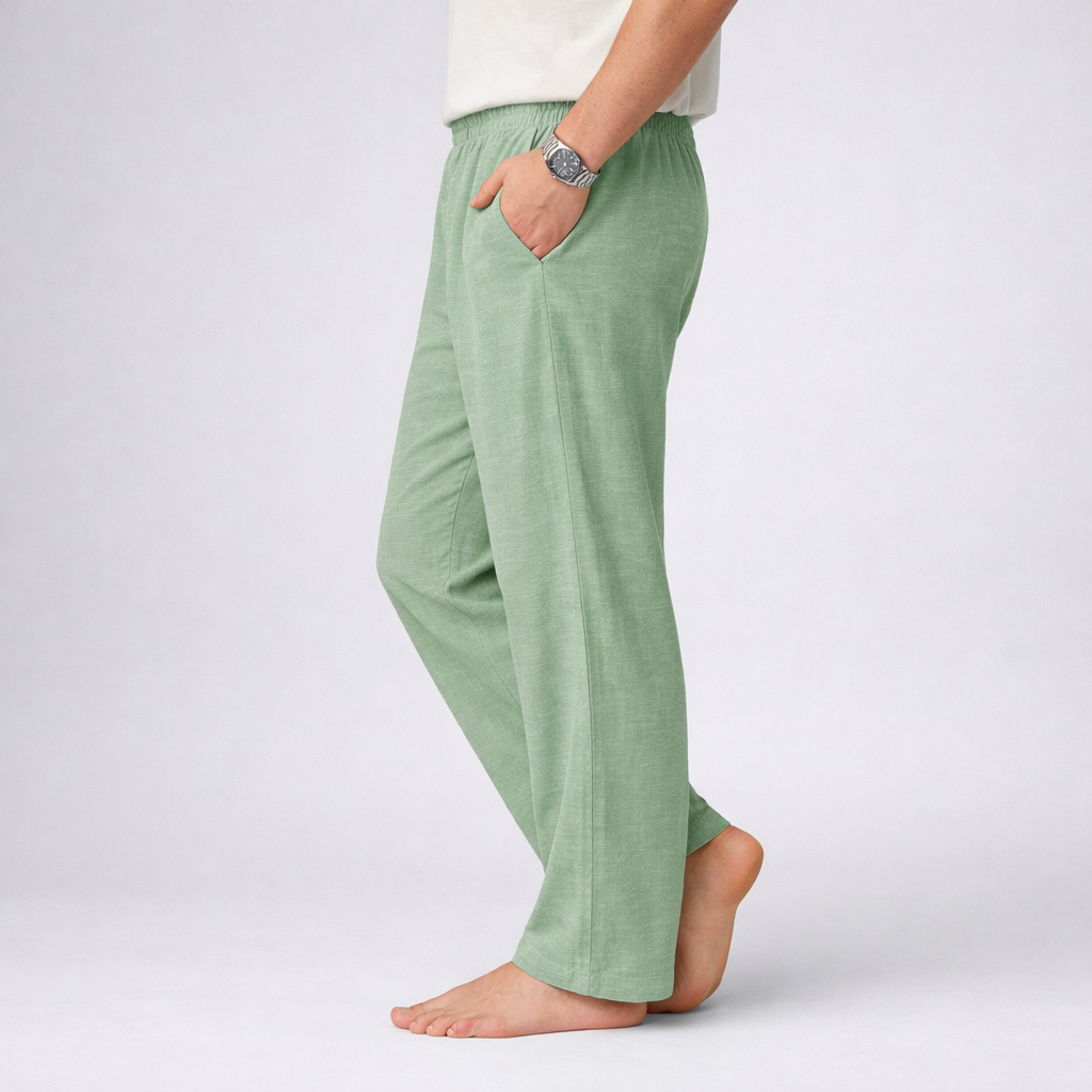 Men's Premium Linen Blend Lounge Trouser | Elastic Waist Casual Straight Fit Pants | Sage Green - Image 3