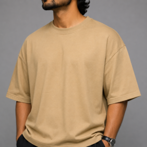 Men's Beige Drop Shoulder Oversized T-Shirt | Premium Cotton Crew Neck Casual Streetwear Tee