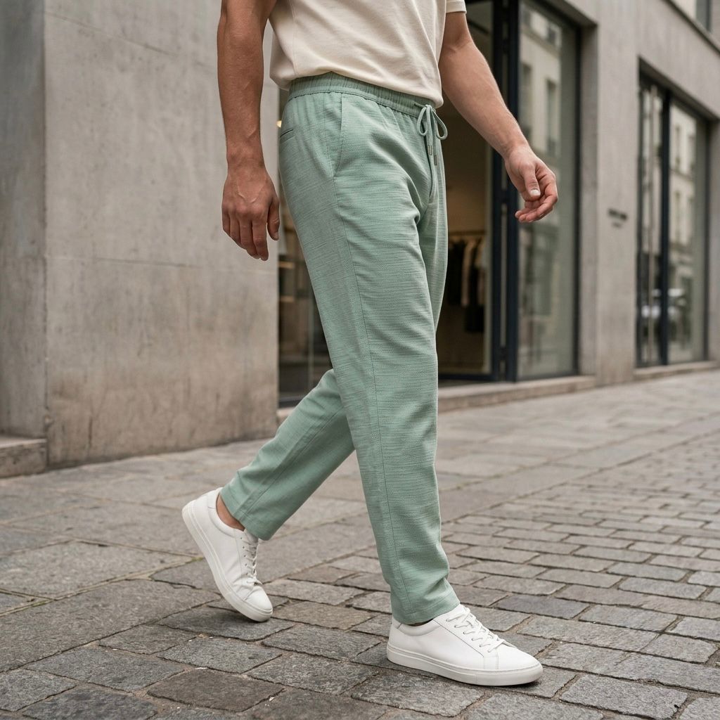 Men's Premium Linen Blend Lounge Trouser | Elastic Waist Casual Straight Fit Pants | Sage Green
