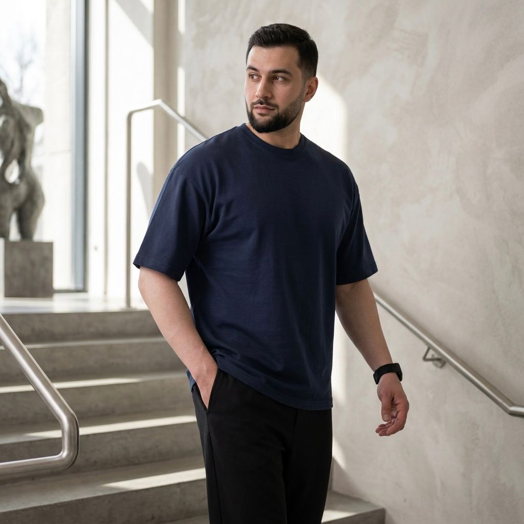 Men's Premium Navy Blue Oversized Round Neck T-Shirt – Terry Fabric
