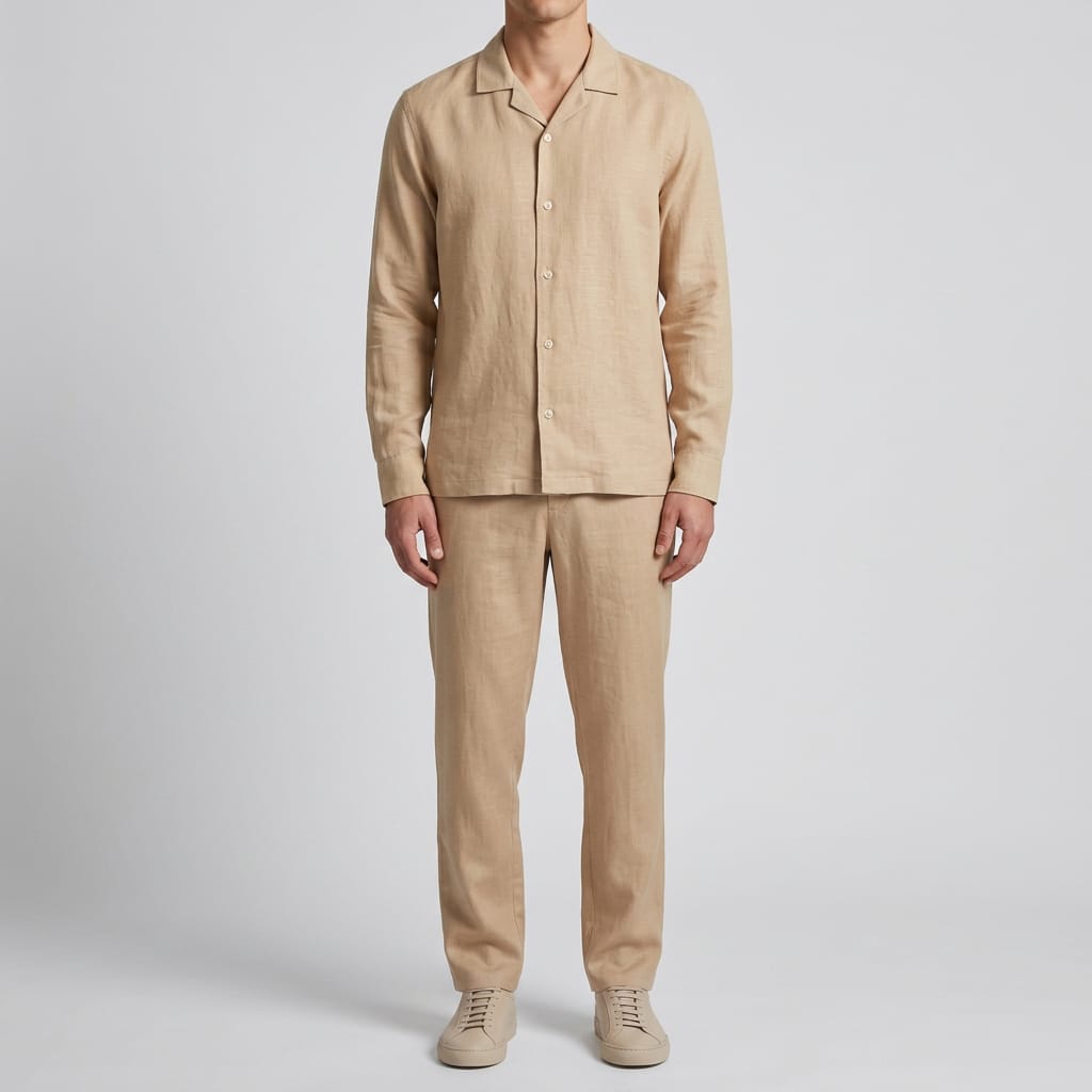 Men's Premium Linen Co-Ord Set | Casual Long Sleeve Shirt & Straight Fit Trouser | Beige - Image 2