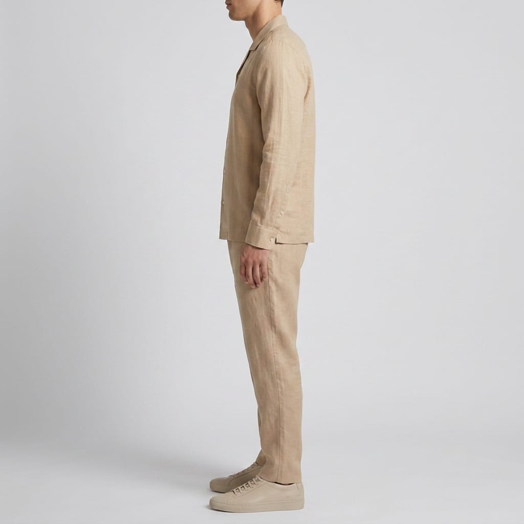 Men's Premium Linen Co-Ord Set | Casual Long Sleeve Shirt & Straight Fit Trouser | Beige - Image 3