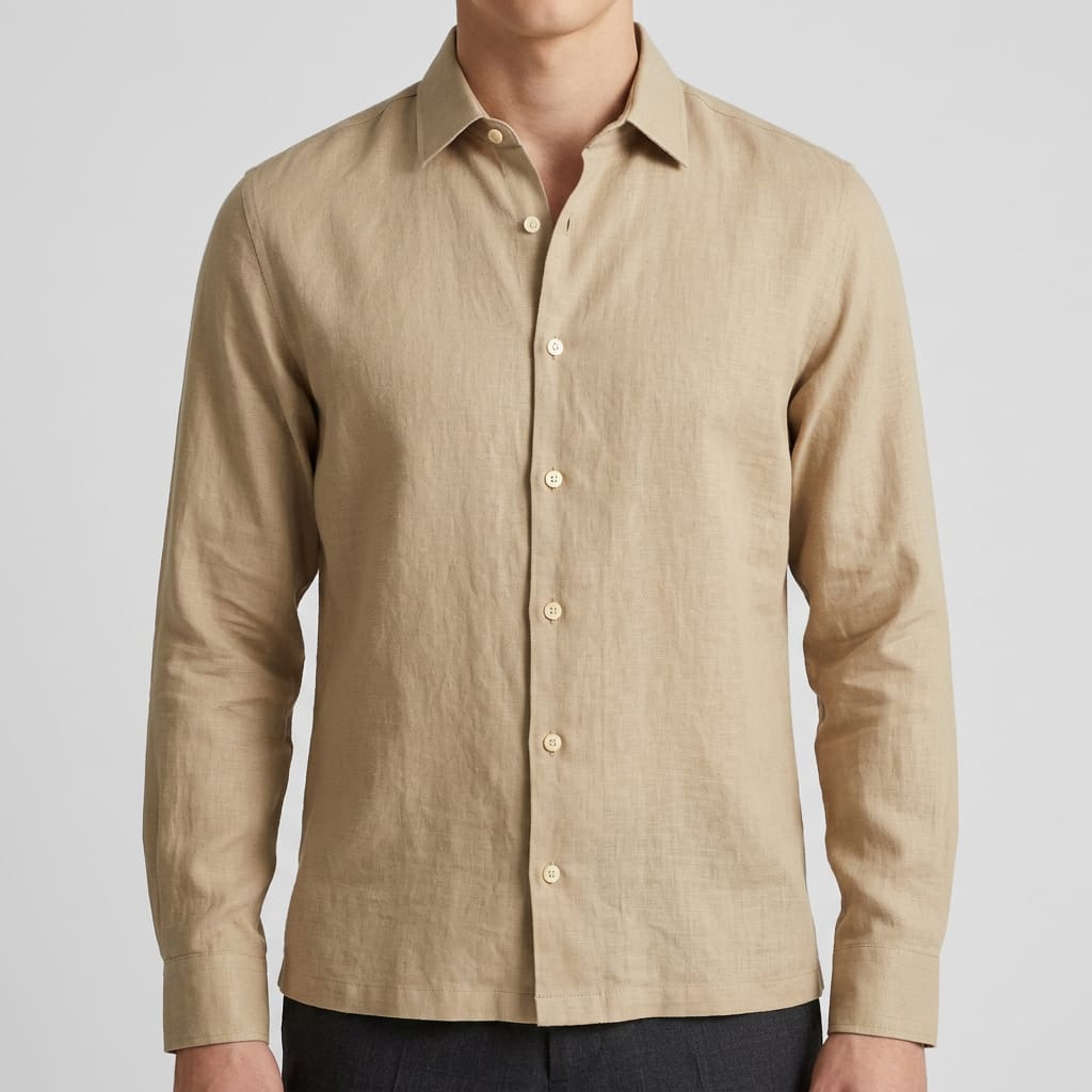 Men's Beige Casual Linen Long Sleeve Shirt - Image 5