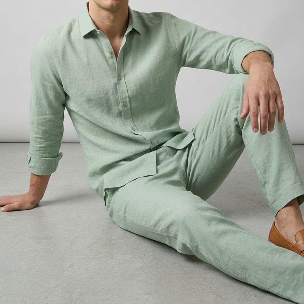 Men's Mint Green Linen Co-Ord Set – Breathable Shirt & Trouser Two-Piece - Image 6
