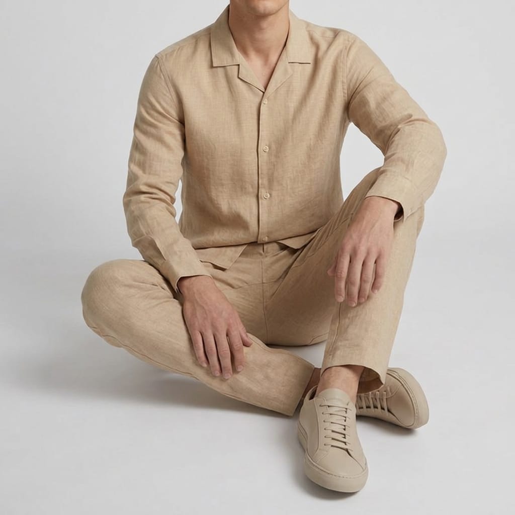 Men's Premium Linen Co-Ord Set | Casual Long Sleeve Shirt & Straight Fit Trouser | Beige - Image 4