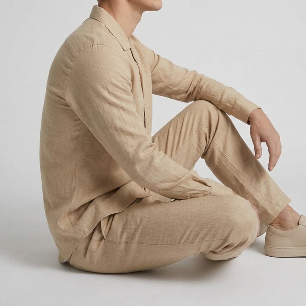 Men's Premium Linen Co-Ord Set | Casual Long Sleeve Shirt & Straight Fit Trouser | Beige - Image 5