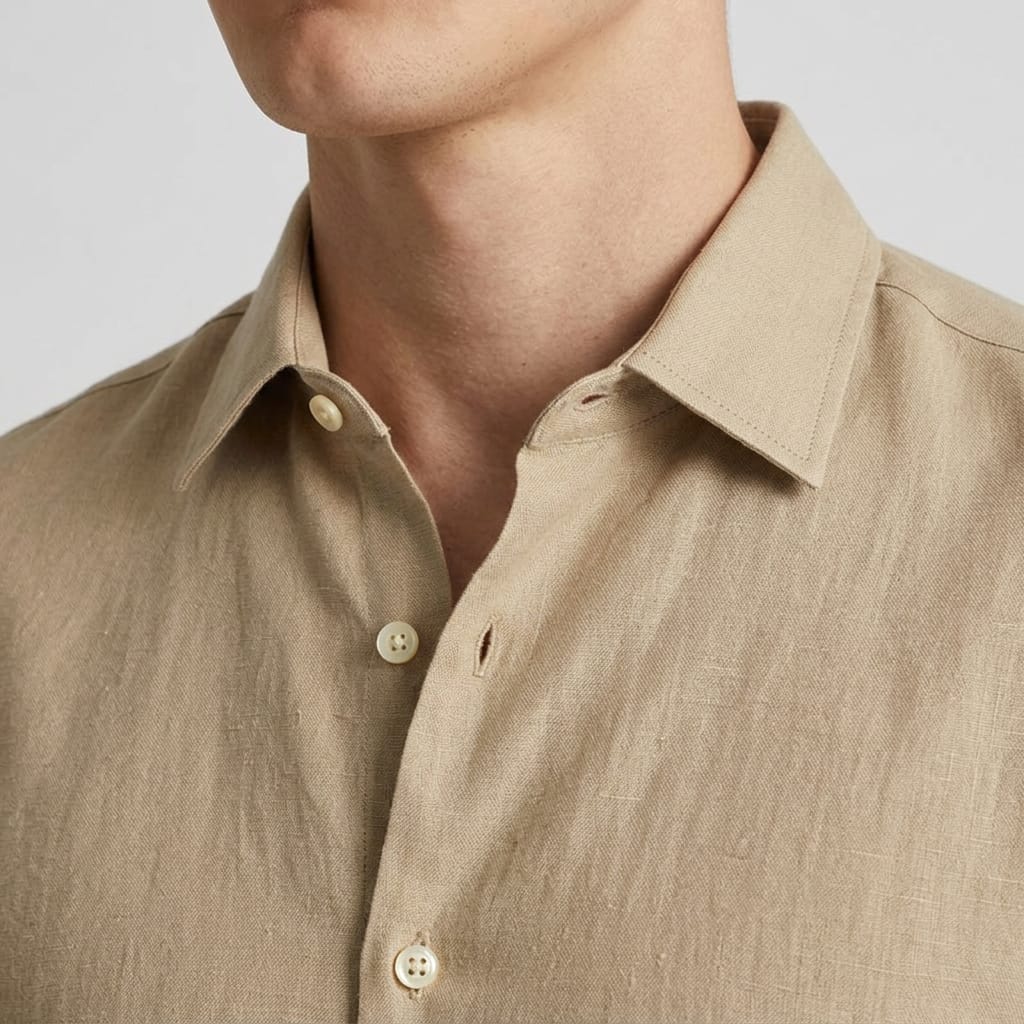 Men's Beige Casual Linen Long Sleeve Shirt - Image 4