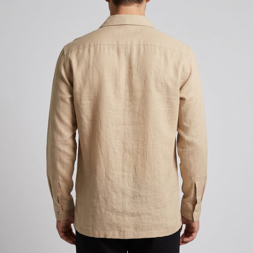 Men's Beige Casual Linen Long Sleeve Shirt - Image 2