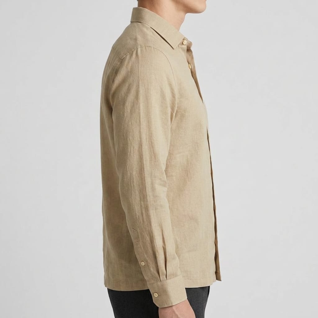 Men's Beige Casual Linen Long Sleeve Shirt - Image 3